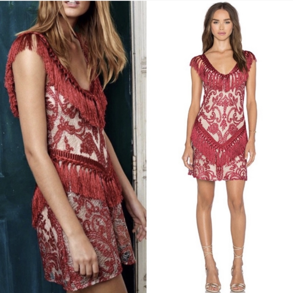 Alexis Antonella Dress Burgundy Lace Fringe - Gatsby Flapper Cocktail Party